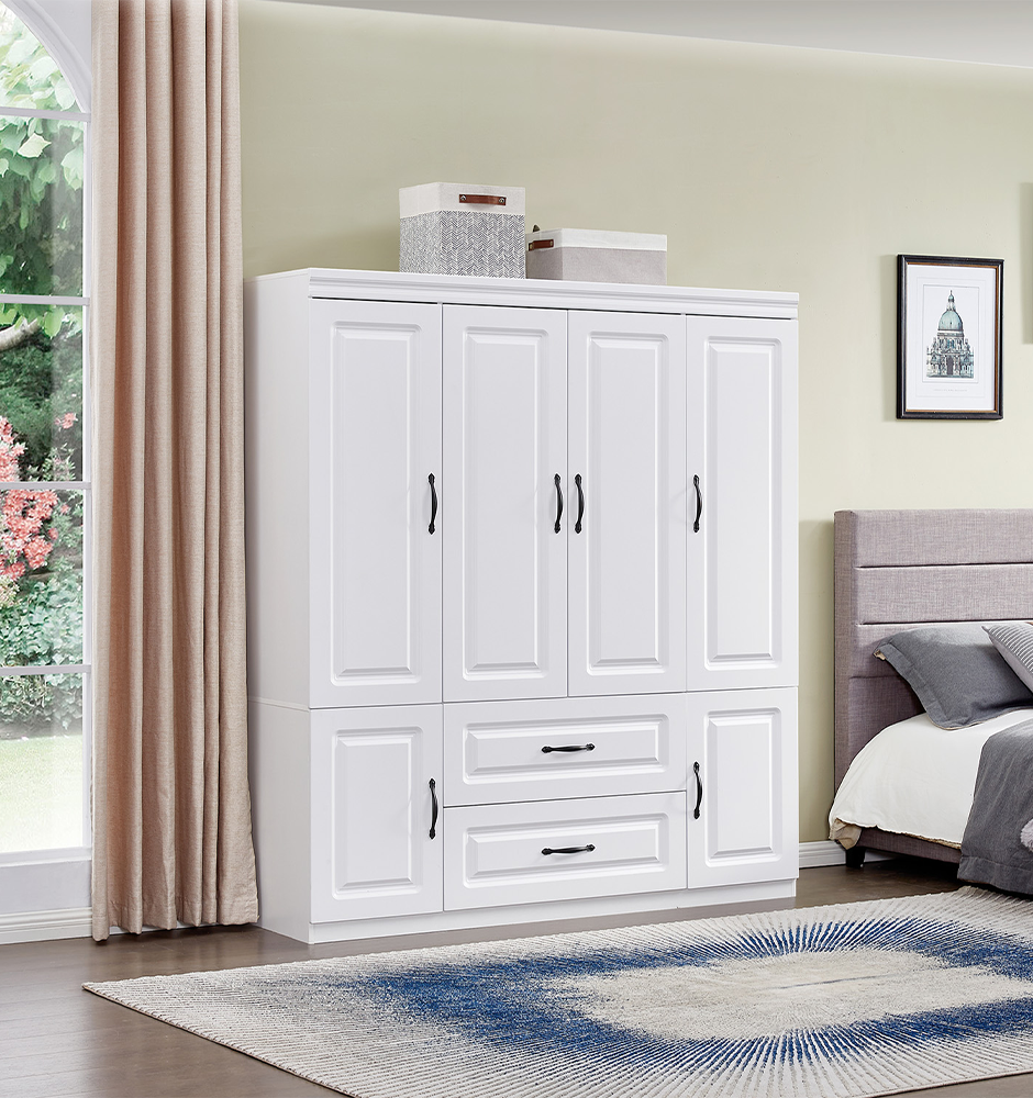 74" H Closet 4 Doors White Wooden Armoire Wardrobe Closet