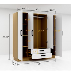 Wooden Armoire Wardrobe Closet 4 Doors with 2 Drawers 2 Hanging Rods and Shelves for Bedroom,White