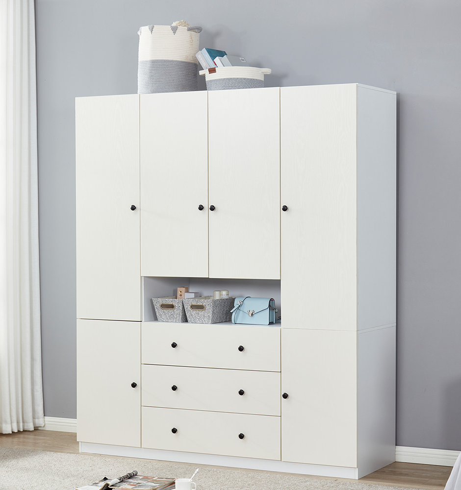 74" H 4 Doors Closet Wardrobe 3 Drawers White Wooden Wardrobe Closet Armoire 