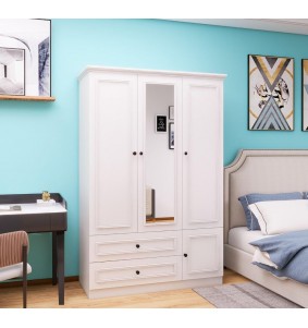Tall  Armoire Wardrobe Closet Wooden with 3 Doors,  2 Drawers and Mirror Large Capacity Large Wardrobe Closet for Bedroom,White