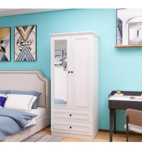 Wooden Armoire Wardrobe Closet with Mirror Door, 2 Door Modern Armoire Wardrobe Closet with Hanging Rod for Bedroom,White