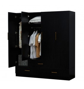 Black Wooden Mirror Door Wardrobe Armoire Closet 63'W with 4 Doors,2 rods&4 shelves and 3 drawers.