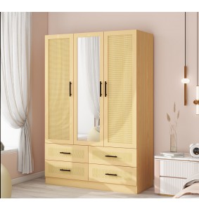 3 Doors Manufactured Wooden Wardrobe Armoire Closet with mirror door,47'W wardrobe cabinet with 4 drawers,3 shelves and rod.