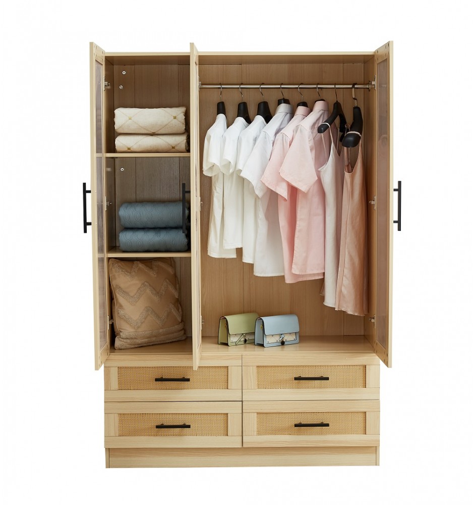 3 Doors Manufactured Wooden Wardrobe Armoire Closet with mirror door,47'W wardrobe cabinet with 4 drawers,3 shelves and rod.