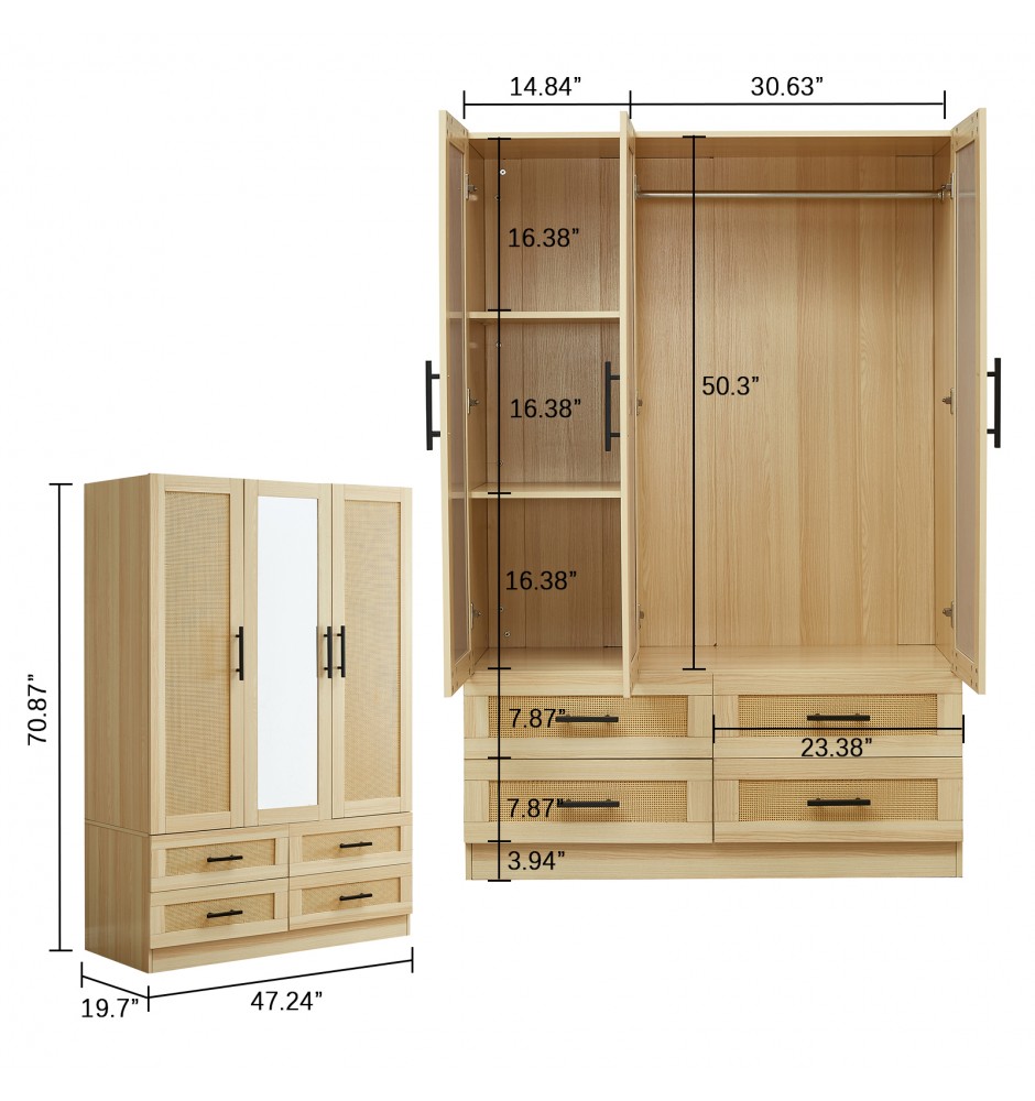 3 Doors Manufactured Wooden Wardrobe Armoire Closet with mirror door,47'W wardrobe cabinet with 4 drawers,3 shelves and rod.