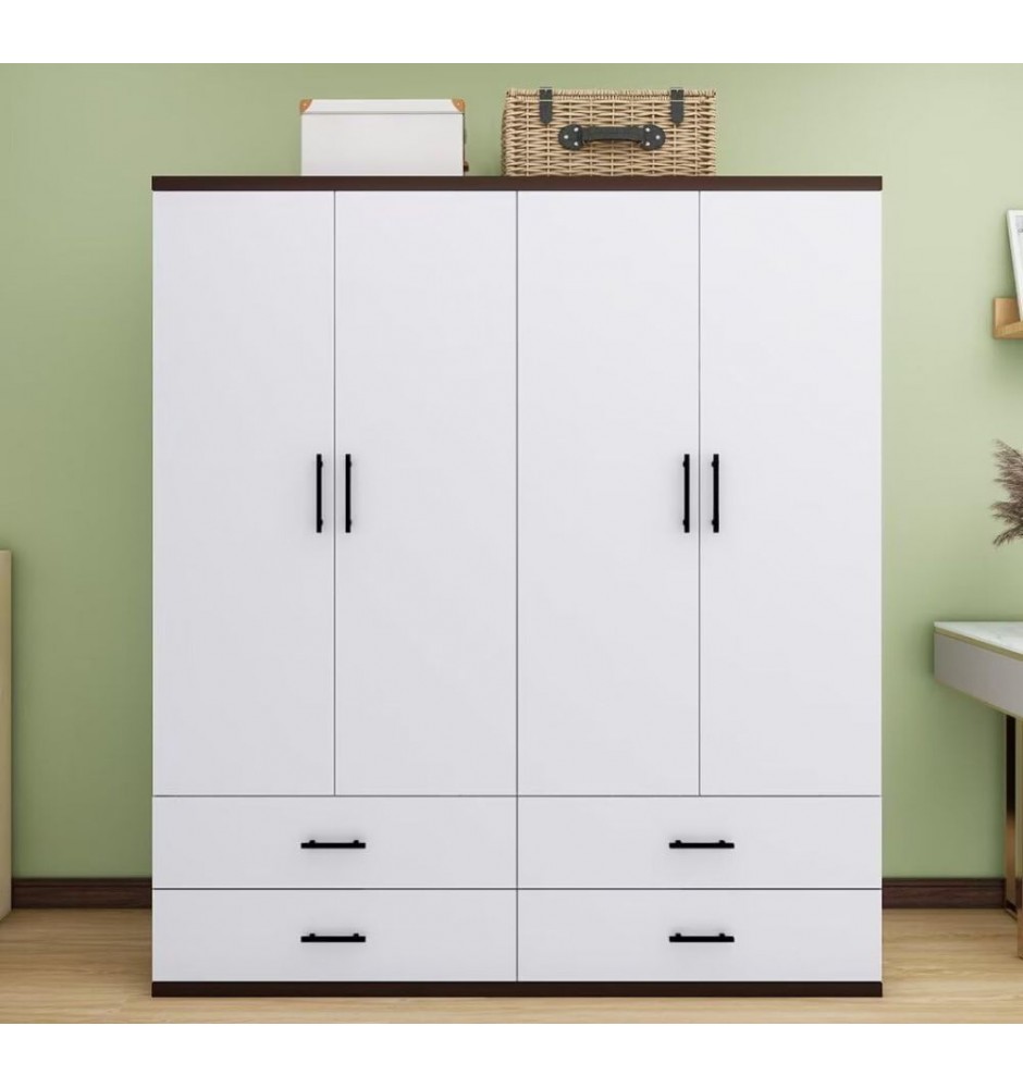 4 Doors White Wooden Wardrobe Armoire Closet 63'W with 4 drawers,5 shelves and 2 rods.