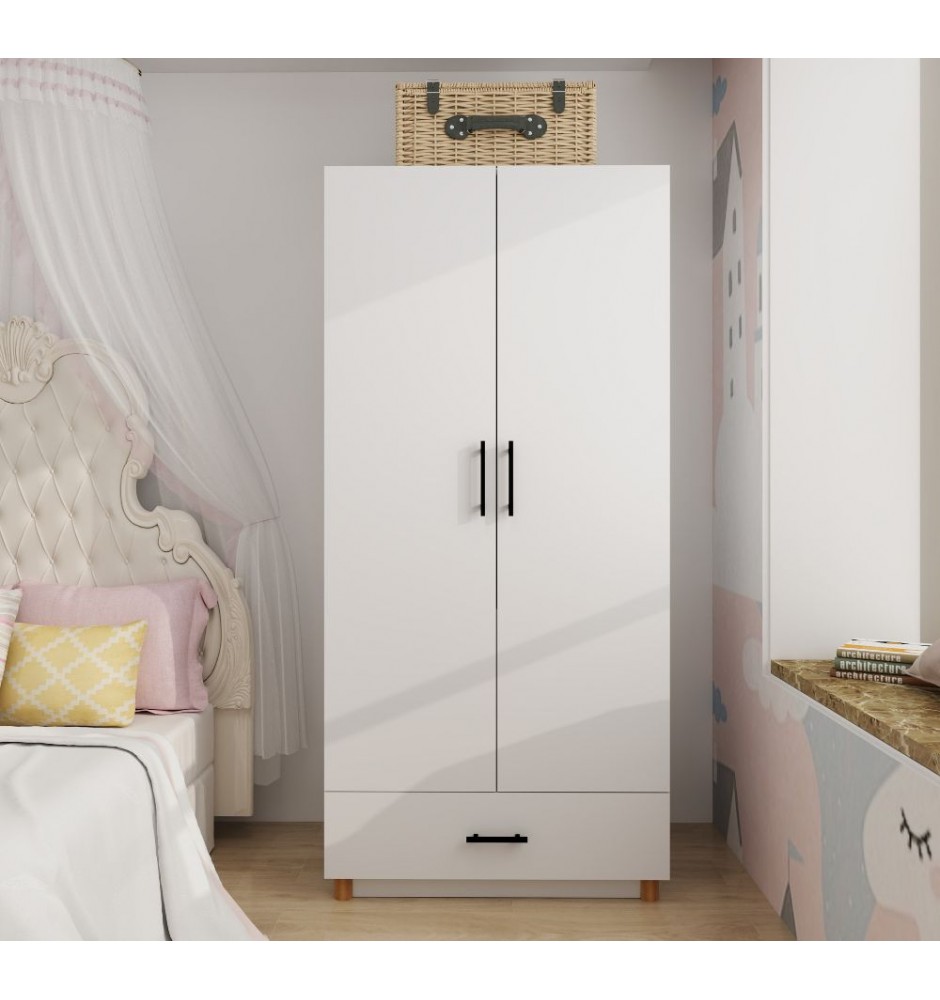 2 Doors White Manufactured Wooden Wardrobe Armoire Closet 32'W with 4 shelves,drawer and rod.