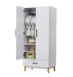 2 Doors White Manufactured Wooden Wardrobe Armoire Closet 32'W with 4 shelves,drawer and rod.
