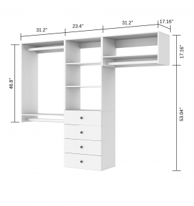 White Wooden Closet System with 4 drawers,4 shelves and 3 rods