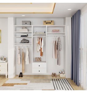 White Manufactural Wooden Closet System Wardrobe with 3 rods 5 shelves and 2 drawers