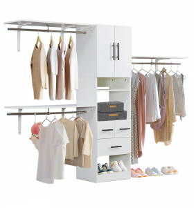 58" W - 96" W Wooden Bedroom Wardrobe Armoire Closet System with 4 shelves,3 rods,3 drawers and 2 doors
