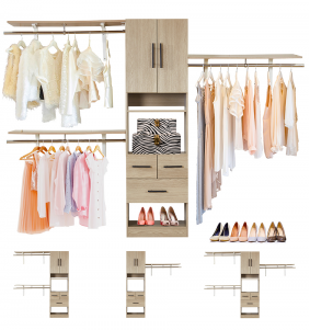 95.67'' Wooden Bedroom Wardrobe Armoire Closet System with 4 shelves,3 rods,3 drawers and 2 doors(Can Be Cut To Fit)