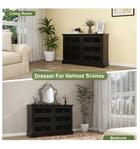 Black Wide Chest of Drawers for Bedroom, Dresser with 6 Large Drawers for Living Room, Modern Dresser Dresser Wood with Antique Pulls for Hallway	 		 