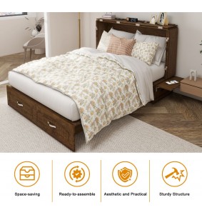 Murphy Bed Cabinet, Murphy Bed Queen with USB and Charging Ports, Murphy Bed Cabinet with Drawer Reddish-Brown Cabinet Bed