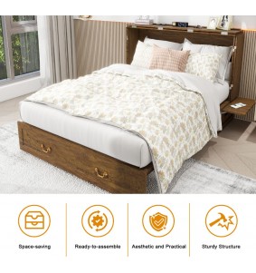 Murphy Bed Cabinet, Murphy Bed Queen with USB and Charging Ports, Murphy Bed Cabinet with Drawer,Reddish-Brown