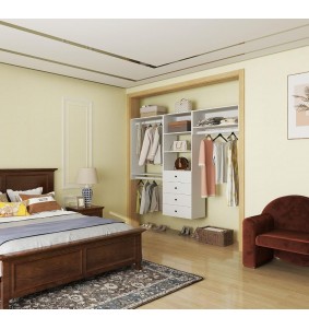 White Wooden Closet System with 4 drawers,4 shelves and 3 rods