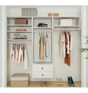 White Manufactural Wooden Closet System Wardrobe with 3 rods 5 shelves and 2 drawers