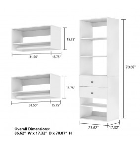 White Wood Modular Closet System 70.2"H x 85.8'W x 16.19"D with 2 rods and 7 shelves